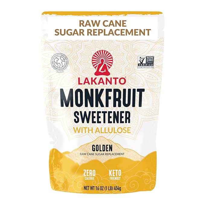 Lakanto Golden Monk Fruit Sweetener with Allulose - Raw Cane Sugar Substitute, Coffee, Tea, Baking, Erythritol Free, Gluten Free, Vegan, Keto Friendly, Sugar Replacement (Golden - 1 lb)