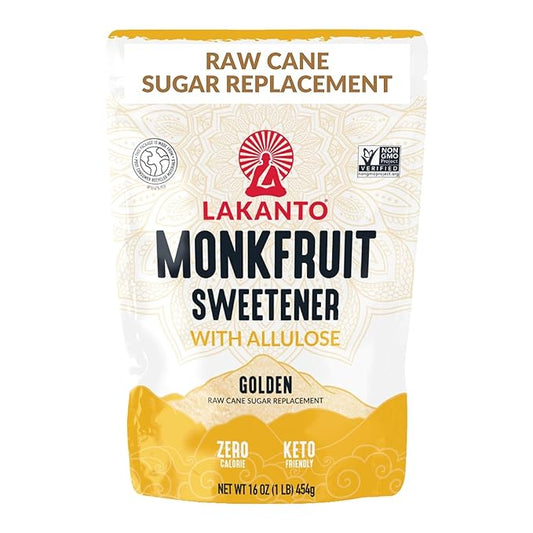 Lakanto Golden Monk Fruit Sweetener with Allulose - Raw Cane Sugar Substitute, Coffee, Tea, Baking, Erythritol Free, Gluten Free, Vegan, Keto Friendly, Sugar Replacement (Golden - 1 lb)