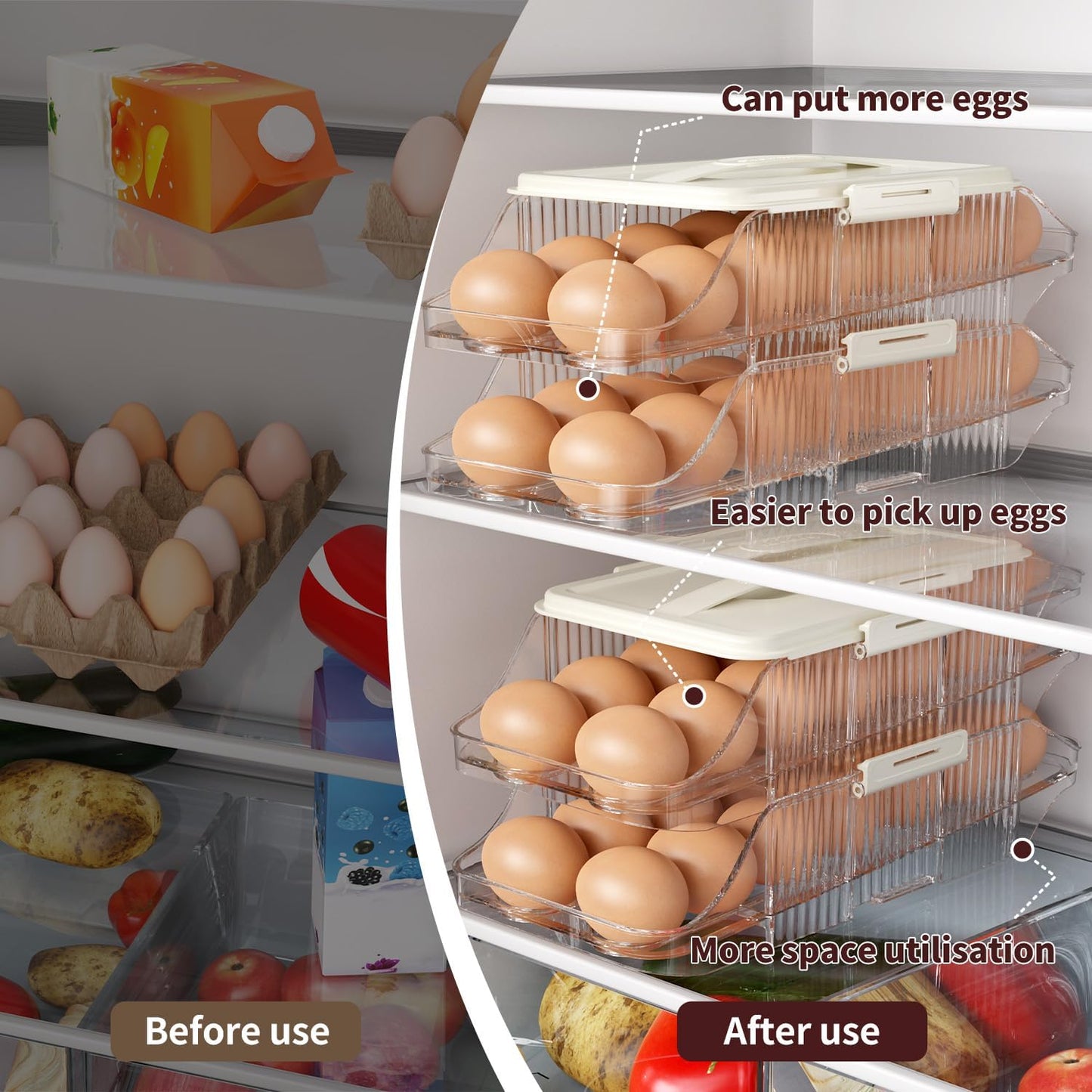 Automatic Rolling Egg Holder for Fridge, Clear Plastic Egg Organizer with Handle for Refrigerator, Egg Container for Kitchen Storage, 2 Row 2 layers