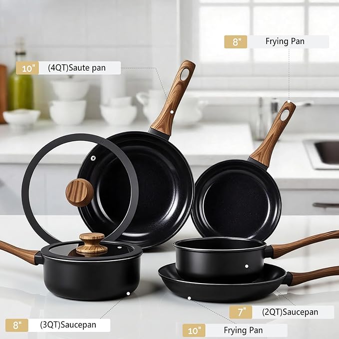 ROVSUN 17 Pcs Nonstick Pots and Pans Set, Cast Aluminum Kitchen Cookware Set, RV Kitchen Cooking Set and Utensils, PFAS PFOA & PFOS Free, Black, Skillet, Saute Pan, Soup Pot
