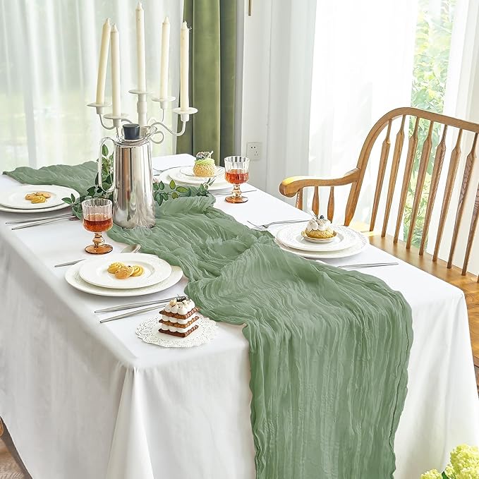 IVAPUPU 2 Pcs Cheesecloth Christmas Table Runner - 10ft Sage Green Boho Gauze Cheese Cloth Table Runners for Baby Shower Decoration Wedding Party Summer Garden Farmhouse