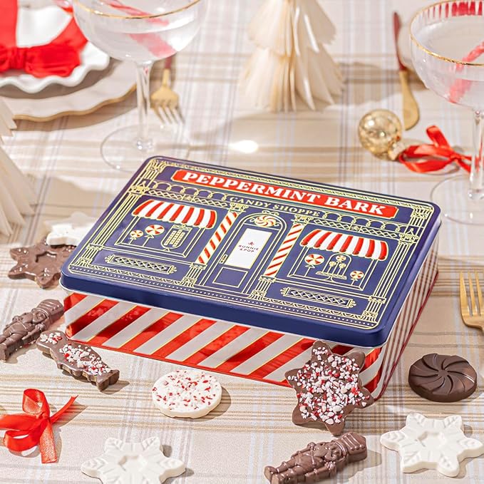 Christmas Peppermint Gift Tin Bark Candy – Fudge Gourmet Holiday Chocolate Gift Basket, Festive Assortment with Nutcrackers, Trees & Gingerbread Shapes – Family, Friends & Coworkers- Bonnie & Pop