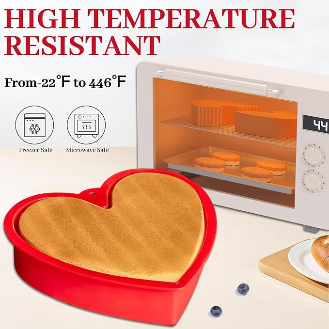 2Pcs Red Heart Shaped Cake Pans, 8 inch Heart Cake Pans Silicone Cake Molds with Hanging Hole, Freezer, Microwave and Oven Safe