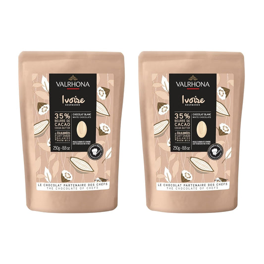Valrhona Premium French Baking Creamy White Chocolate Discs (Feves) IVOIRE 35% Cacao. Easy Melt and Tempering. Hints of Vanilla & Warm Milk. For Sauces, Mousses, Frostings and Candies 250g (Pack of 2)