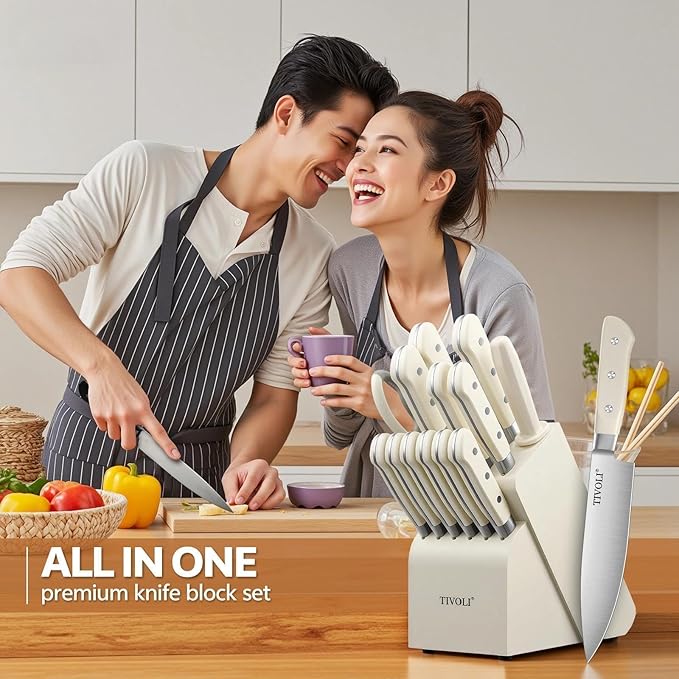 TIVOLI Knife Block Set, 15 PCS Kitchen Knife Set with Block & Honing Rod & Kitchen Scissor, High Carbon Stainless Steel Cutlery Knife Set, Ergonomic Wood Handle, Gifts For Cooks, Cream White