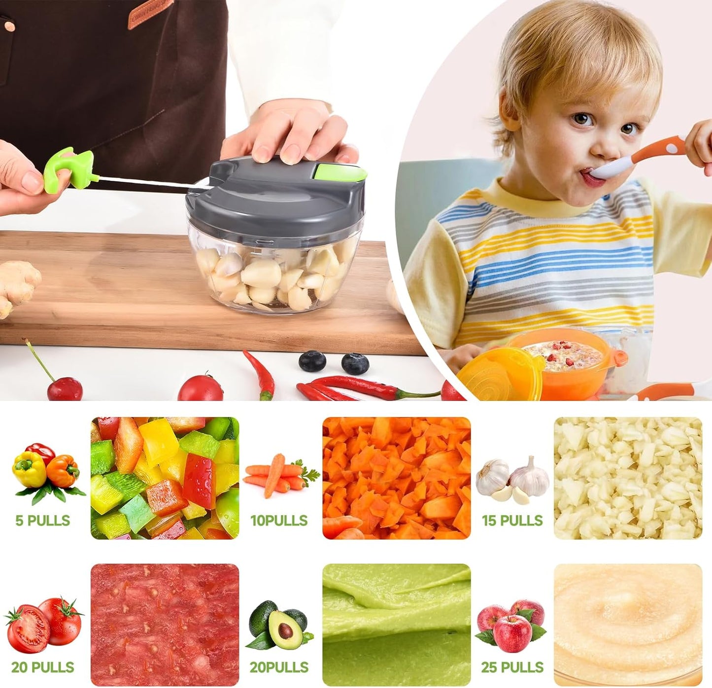 Manual Food Processor Vegetable Chopper, Portable Hand Pull String Garlic Mincer Onion Cutter for Veggies, Ginger, Fruits, Nuts, Herbs, etc., 500ml,（Gray-green）