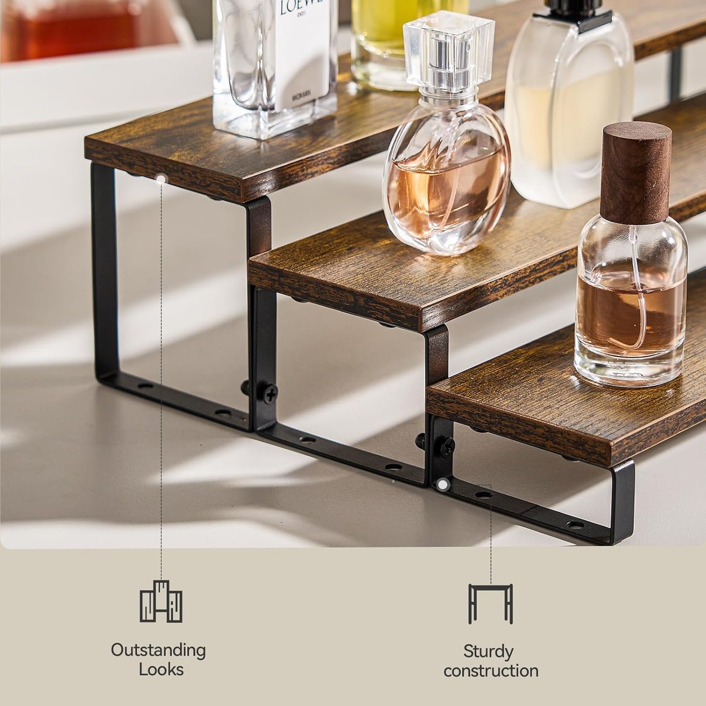 Spice Rack,Wooden Display Riser Stand, 3-Tier Perfume Stand and Cologne Organizer Stand, DIY Spice Rack Organizer, Display Shelf Metal Frame