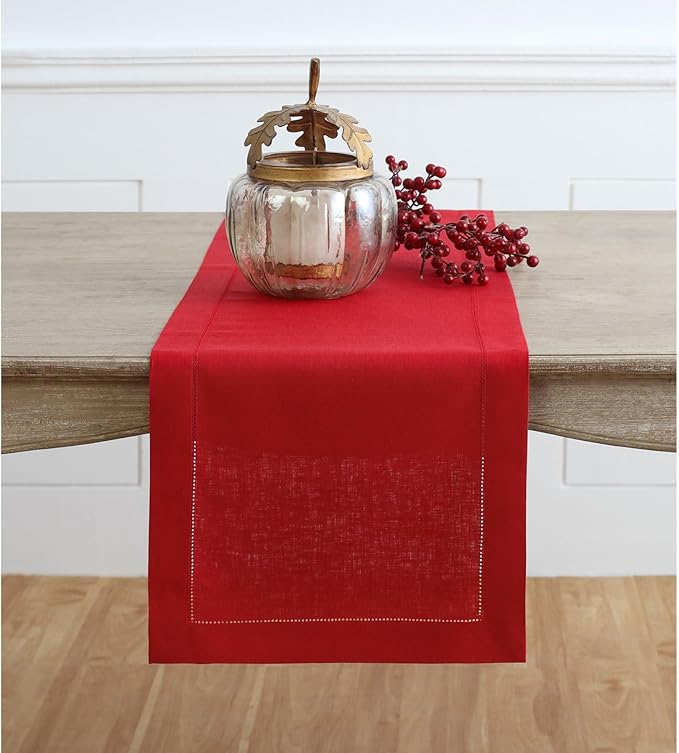 Solino Home Linen Red Table Runner 120 Inches Long - 100% Pure Linen 14 x 120 Inch Table Runner for Christmas, Holiday, Winter, New Year - Classic Hemstitch