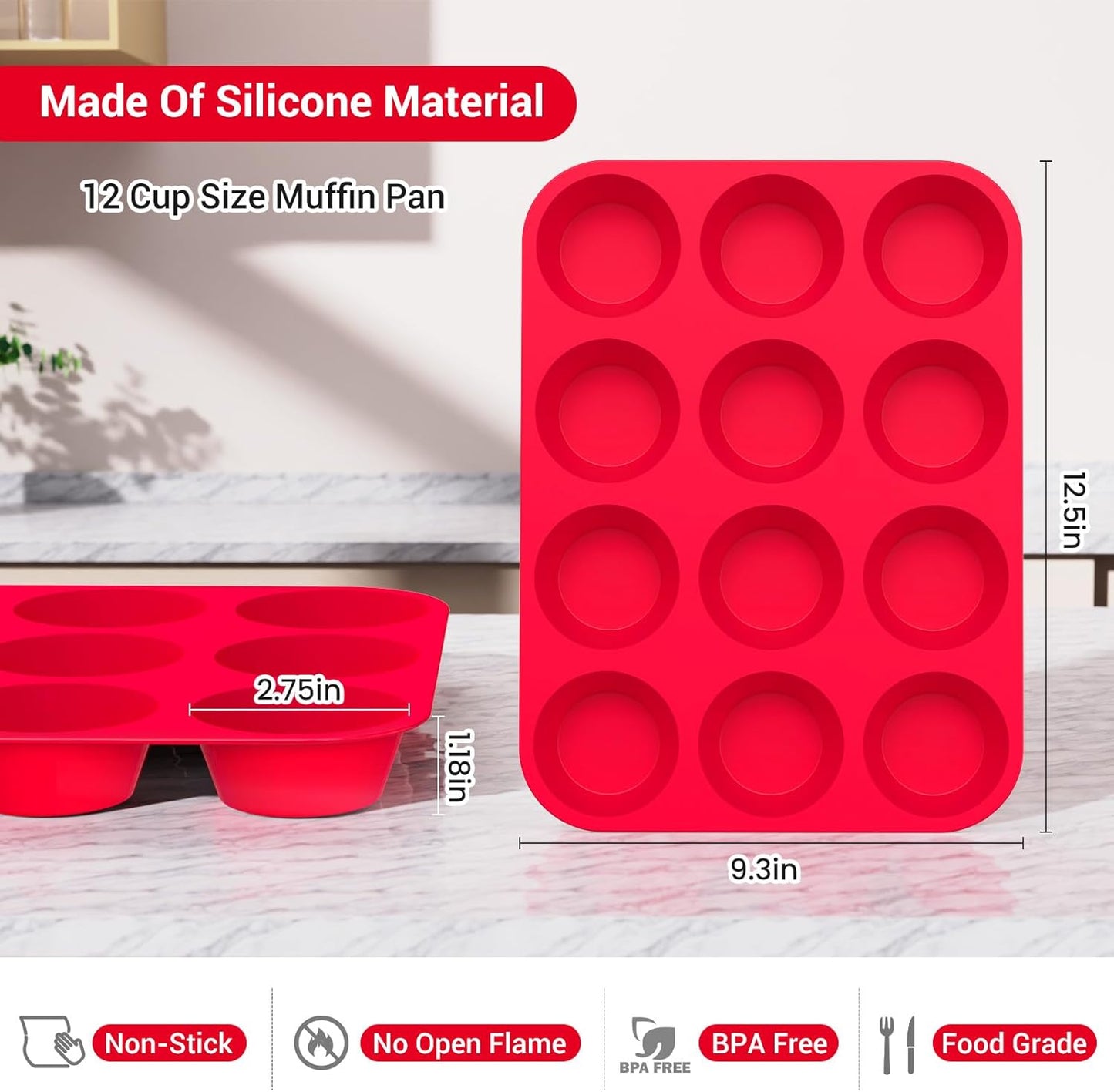 Silicone Muffin Pan 2 Pack - Nonstick Cupcake Baking Pans, Heat Resistant Silicone Molds for Oven, Microwave & Freezer, 12-Cup Reusable Muffin Trays
