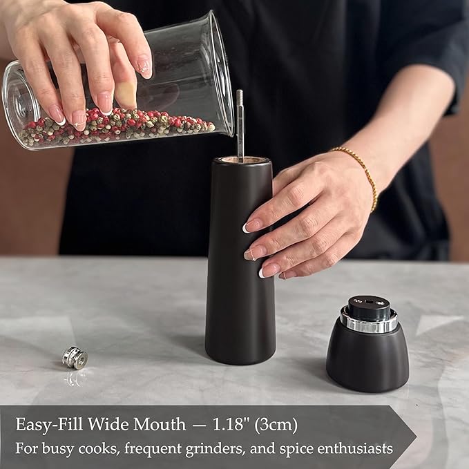 Wooden Pepper Grinder – Refillable Pepper Mill with Adjustable Upgraded Large Size Ceramic Burr – Manual Salt Grinder with Beech Wood Body – 8.3” Tall