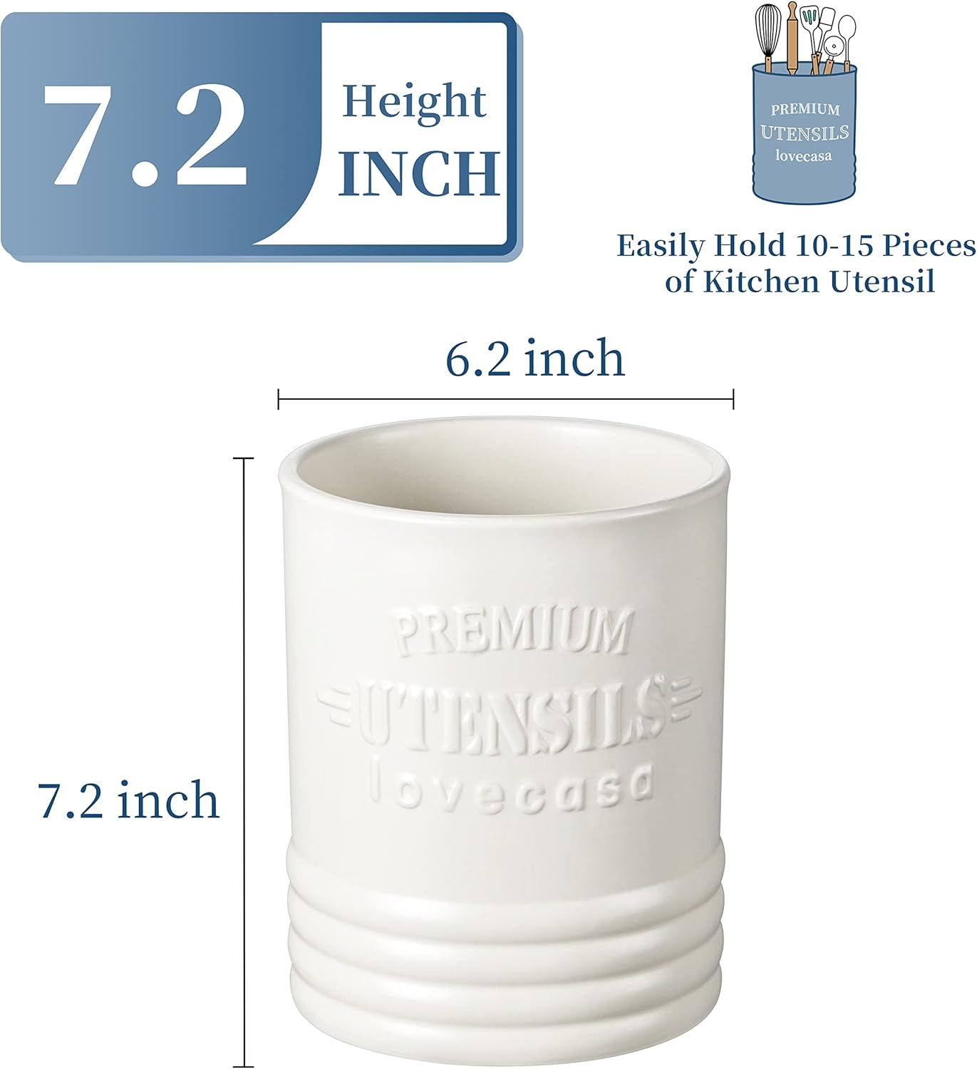 LOVECASA Vintage Utensil Holder for Kitchen Countertop, 7.2” Large Ceramic Utensil Crock for Home Décor, Farmhouse Utensil Vase for Housewarming, Wedding, Birthday Gift - Cream White