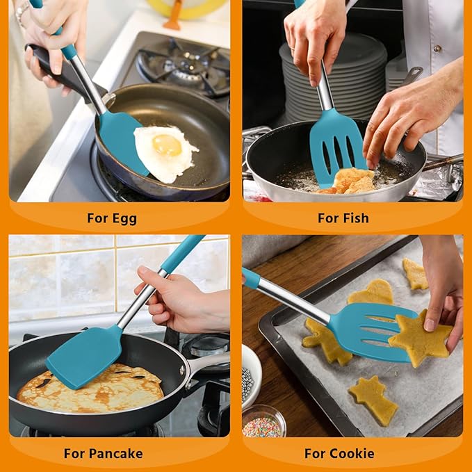 Silicone Spatula Set of 2, E-far Solid & Slotted Turner for Nonstick Cookware, Heat Resistant Rubber Kitchen Cooking Utensils for Flipping Fish Pancake Egg - Teal Blue
