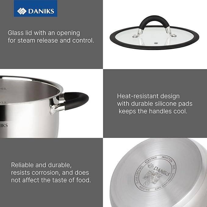 Daniks Orlando 11-Piece Stainless Steel Cookware Set with Glass Lids, Includes Saucepan and Frying Pan, Tri-Ply Bases for Even Heating, Induction Compatible, Dishwasher Safe, Heatproof Handles