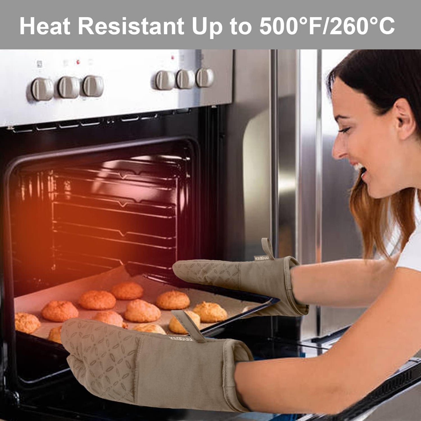 KEGOUU Oven Mitts and Pot Holders 6pcs Set, Kitchen Oven Glove High Heat Resistant 500 Degree Extra Long Oven Mitts and Potholder with Non-Slip Silicone Surface for Cooking (Khaki)