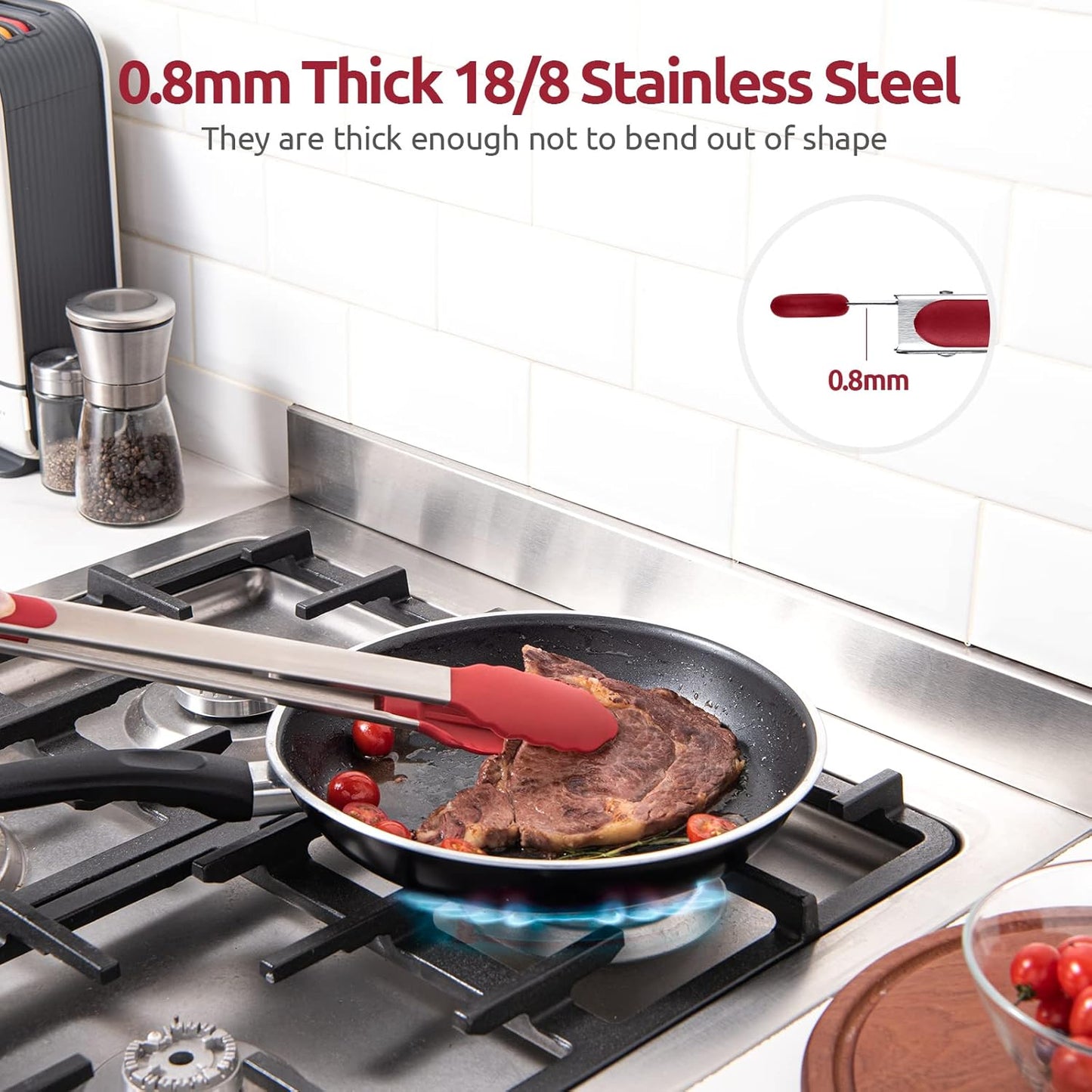 600ºF Heat Resistant Kitchen Tongs: U-Taste 16 inch Extra Long Large Silicone Cooking Tong with Sturdy Non Stick Rubber Tips & Non Slip Silicon Coated 18/8 Stainless Steel Handle for Grilling BBQ(Red)