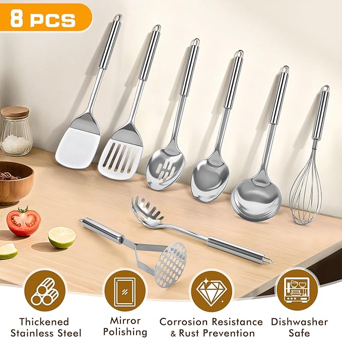 13 Pcs Stainless Steel Cooking Utensils Set, Heat Resistant Metal Kitchen Tools Include Utensil Holder, Solid & Slotted Spatula, Spoon, Ladle, Pasta Server,Potato Maseher, Egg Whisk, Meat Fork, Silver