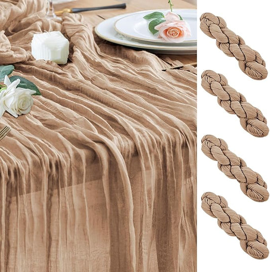Wokceer Cheesecloth Table Runner 4Pack 10FT Nude Brown Boho Gauze Cheese Cloth Table Runner for Party Long Rustic Sheer Table Runners for Baby Bridal Shower Wedding Easter Table Decor