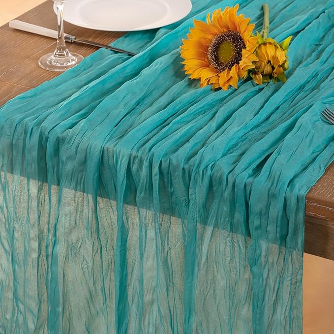 Teal Green Cheesecloth Table Runner Christmas Table Runner Boho Gauze 120 Inches Turquoise Cheese Cloth Table Decor for Xmas Holiday Season Parties Wedding Tea Party Decor