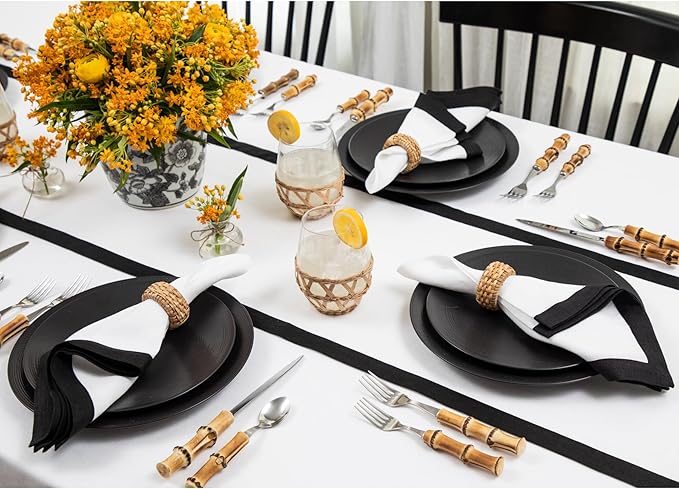 Solino Home Linen Table Runner 60 Inches - 100% Pure Linen Black and White Small Table Runner 14 x 60 Inch Ideal for Dresser and Coffee Tables - Winter, Holiday - Classic