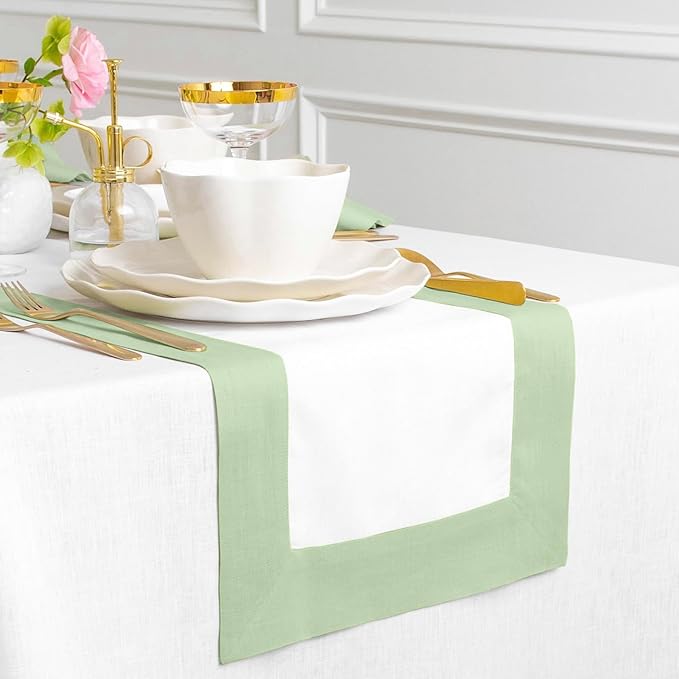 Solino Home Linen Table Runner 36 Inches - 100% Pure Linen Light Green and White Table Runner 14 x 36 Inch Ideal for Dresser and Coffee Tables - Contempo