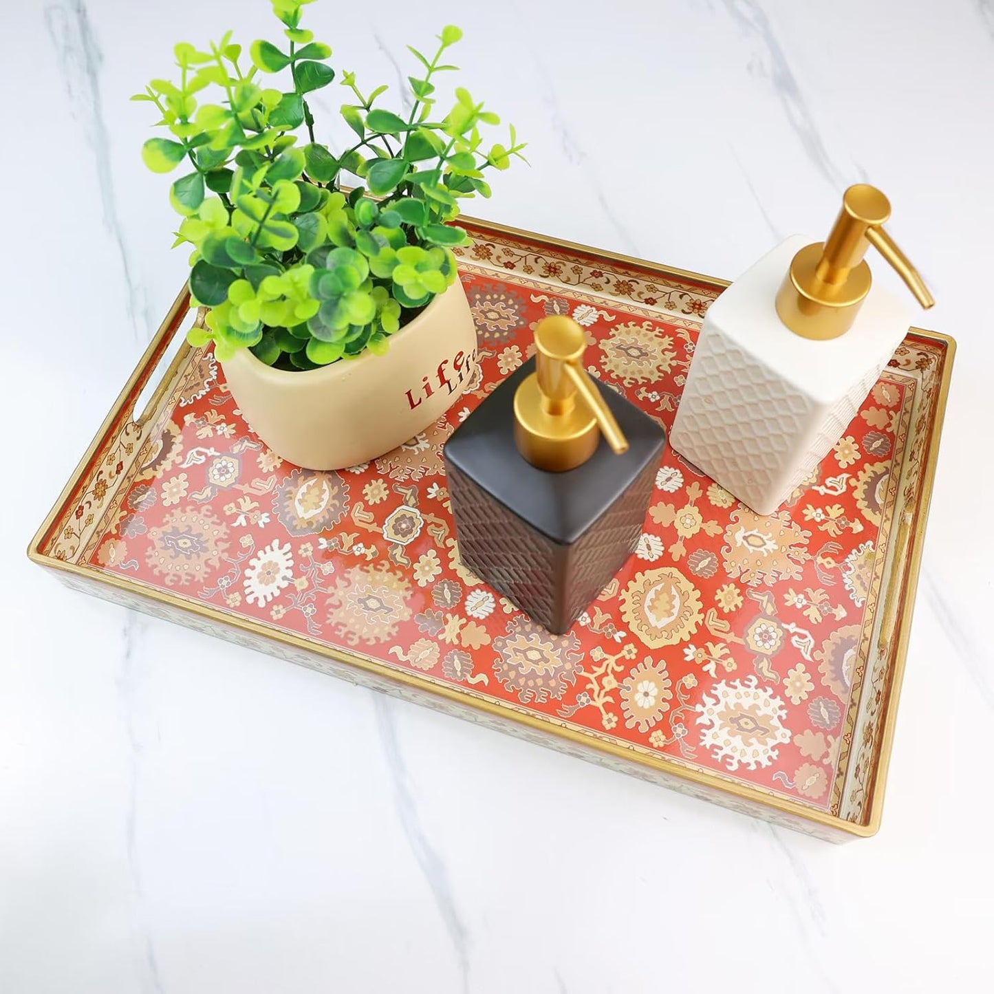 Spsyrine Serving Tray, Plastic Rectangular Coffee Table Tray with Handles, Modern Decorative Tray for Living Room, Ottoman, Home Decor, 15.6” X 10.2"