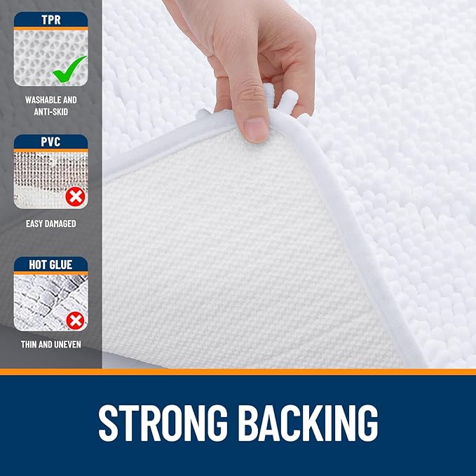 OLANLY Bathroom Rugs 47x24, Extra Soft Absorbent Chenille Bath Rugs, Rubber Backing Quick Dry, Machine Washable Bath Mats for Bathroom Floor, Tub and Shower, Home Decor Accessories, White