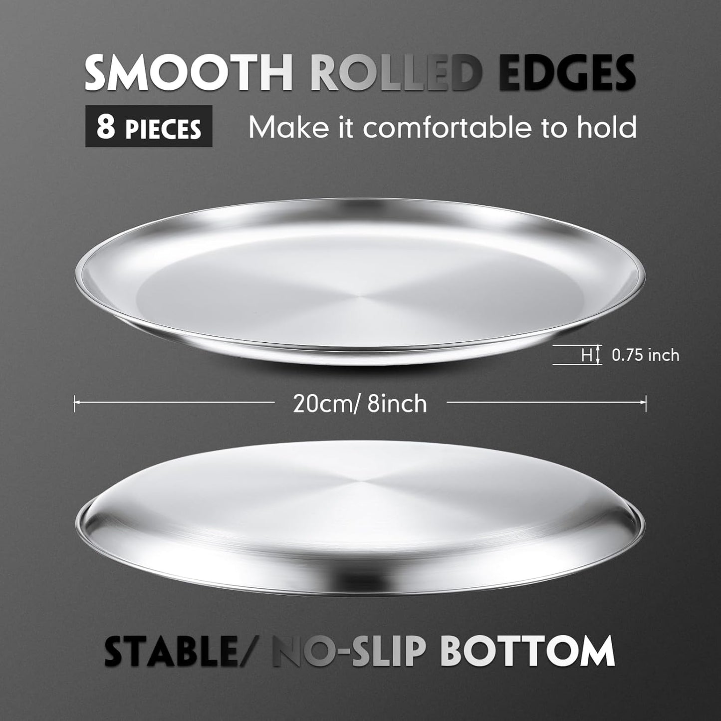 Thenshop 8 Pieces 8 Inch Pizza Pans Bulk Stainless Steel Sets Round Bakeware Pizza Trays for Oven Kitchen Baking Home Restaurant Picnics Holiday Activities Safe Sturdy Reusable Easy Clean(Silver)