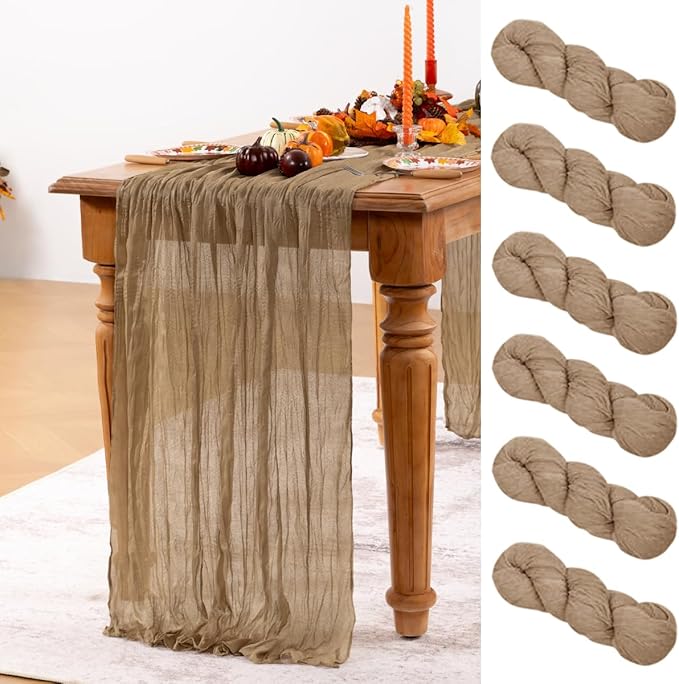 Nude Cheesecloth Table Runner 6 Pack Christmas Table Runners Boho Gauze 120 Inches Coffee Cheese Cloth Table Decor for Xmas Holiday Season Parties Wedding Bridal Baby Shower Tea Party Decor