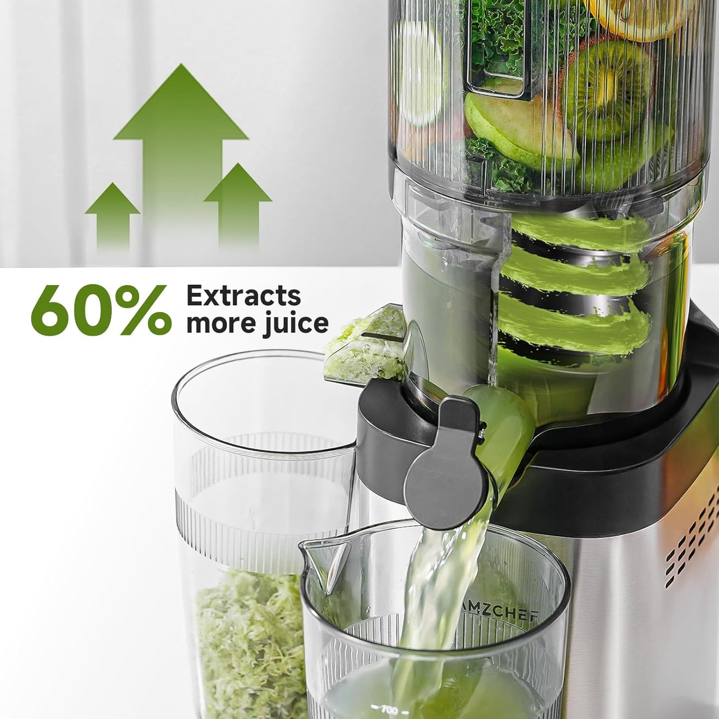 AMZCHEF Cold Press Juicer, 5.4" Juicer Machines with Large Feed Chute for Whole Fruits & Vegetables, Stainless Steel Juice Extractor with Large Auger, Triple Strainers, Easy Cleanup & Assembly