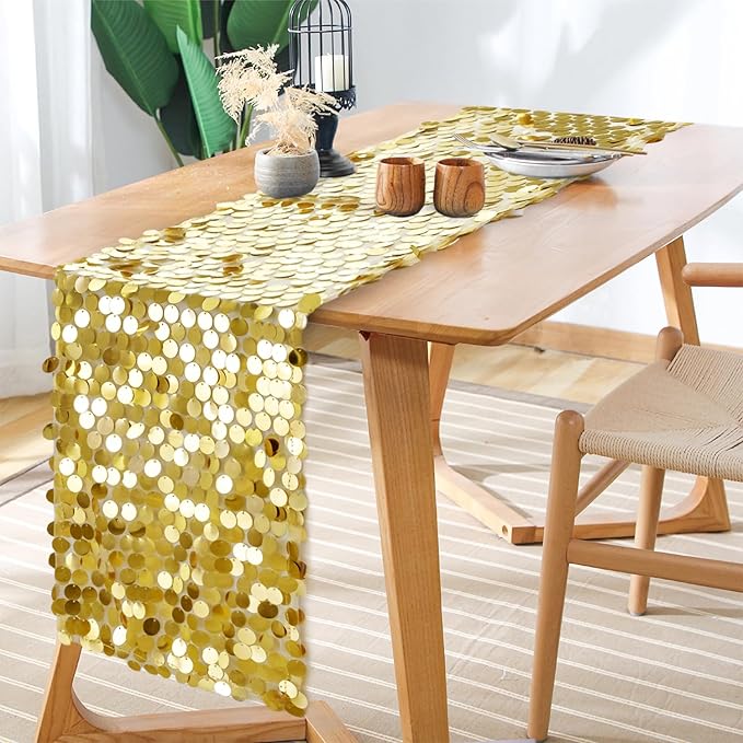 12 x 108 Inch Gold Sequin Table Runner Glitter Rectangle Big Sequin Table Runner for Wedding Party Birthday Christmas Halloween Decoration (1 Pack)
