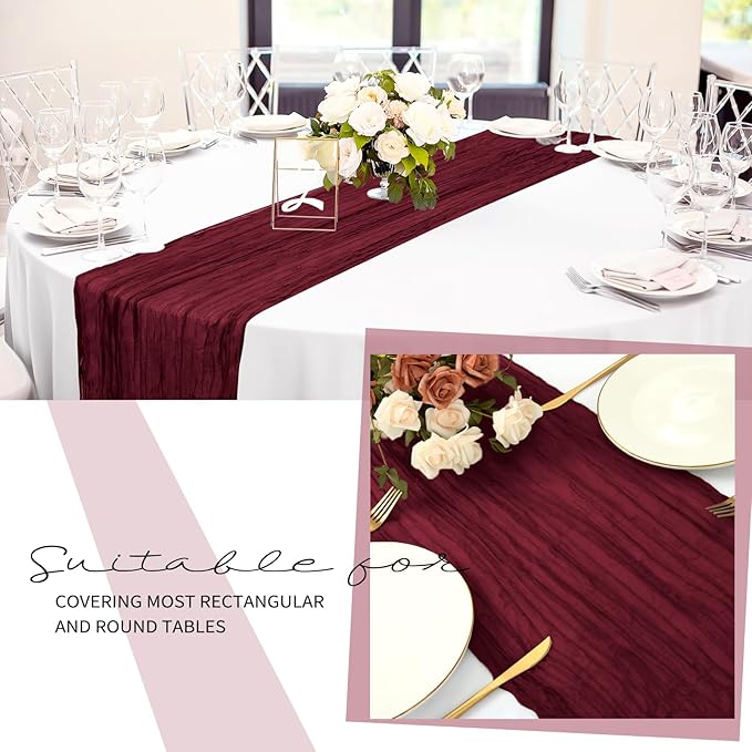 12 Pack Cheesecloth Table Runner 20 x 120 inch Cheese Cloth Table Runner Bulk,Romantic Boho Sheer Gauze Fabric Table Runners for Wedding Reception,Party,Bridal Shower Table Decor(Burgundy)