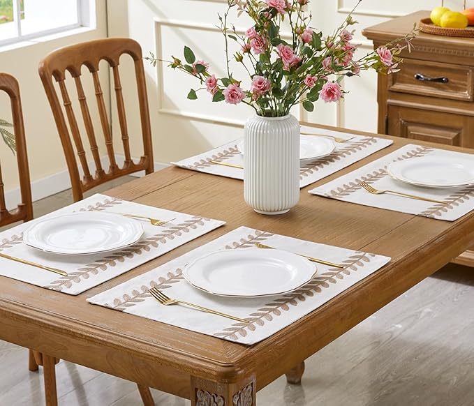 Wracra Embroidered Placemats, 13 x 18 Inch Set of 6 Placemats, Irregular Willow Rustic Place Mats for Kitchen Table and Heat Resistant, Taupe 6PCS