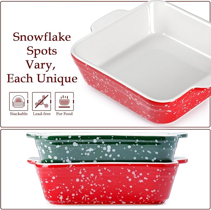 NUTRIUPS 13oz 5.9x5.9in Square Ceramic Baking Dish Set, 2-Pack Small Oven-Safe Baking Pan for Lasagna, Casserole - Bakeware for Baking & Serving (Red&Green)