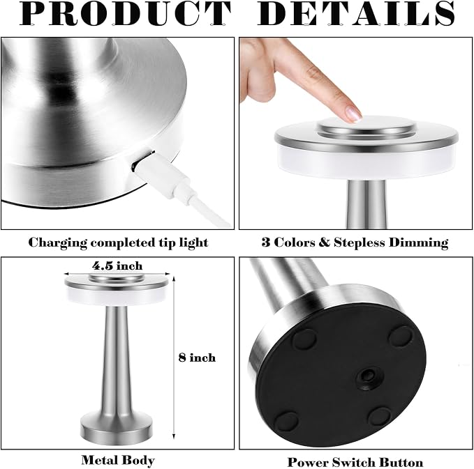 Riakrum 2 Pcs LED Portable Cordless Table Lamp with Touch Sensor 3 Color Stepless Dimming Rechargeable Battery up to 15 Hours Cordless Table Light Wireless Lamp for Nursery (Silver)