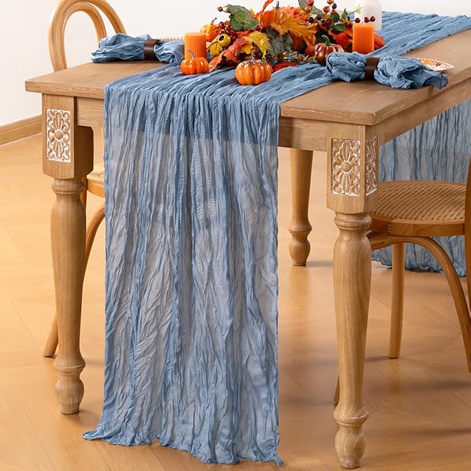 MLMC Dusty Blue Table Runner 10ft Boho Gauze Blue Cheesecloth Table Runner Rustic Cheese Cloth Centerpiece 35x120 Inches for Wedding Bridal Shower Baby Shower Party Decor