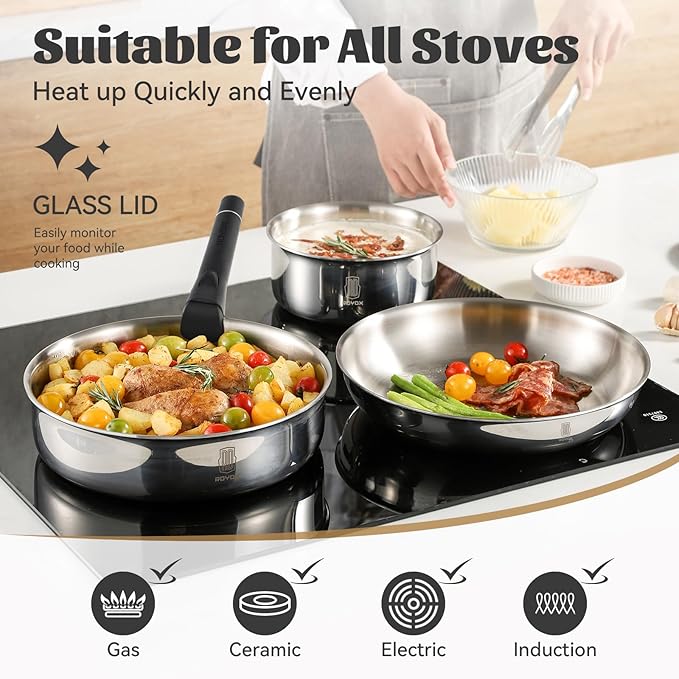 ROYDX16 PCS Pots and Pans Set,18/10 Stainless Steel Cookware Set with Adjustable Detachable Handles for RV,home Dishwasher Safe and Oven Safe