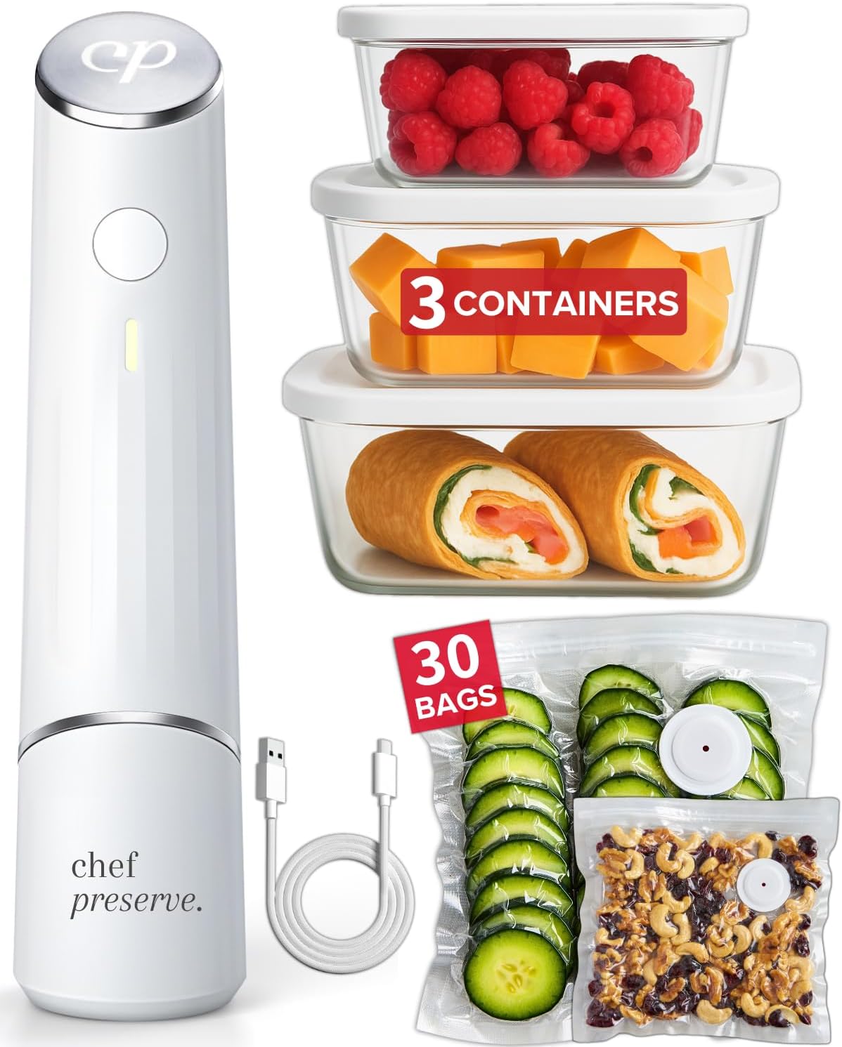 Chef Preserve Compact Vacuum Sealer for Food (Vacuum Sealer Machine + 3 Glass Vacuum Containers + 30 Reusable Vacuum Bags) Powerful Handheld Vacuum Seal Machine, Seal Meal Saver, Portable Food Sealer