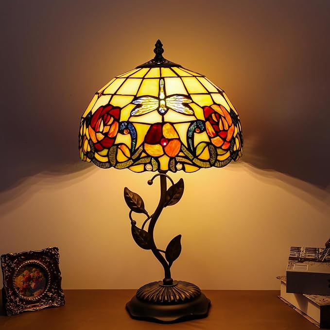 Stained Glass Table Lamp, Dragonfly Rose Style Lampshade & Metal Leaf Antique Base Desk Reading Light 12X12X19 Inches Decor for Bedroom Living Room Office
