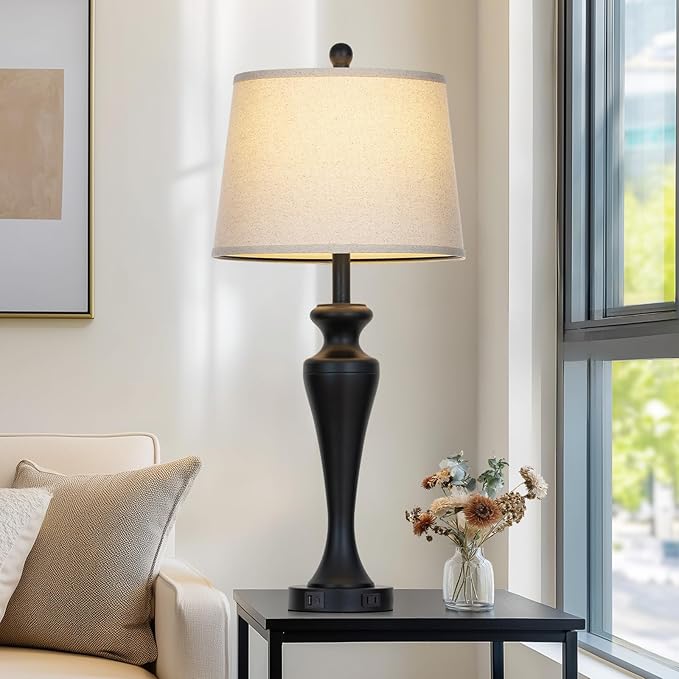 30 Inch Single Black Table Lamp for Bedroom, Modern Tall Lamp for Living Room End Table, 3-Way Dimmable Touch Nightstand Lamps, Metal Bedside Lamps with USB A+C Ports and AC Outlet, Bulb Included