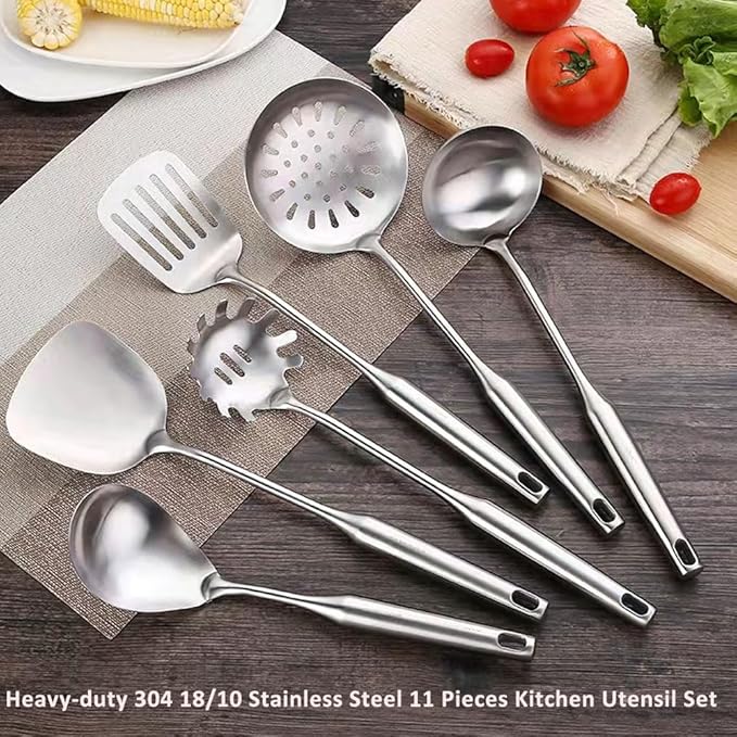 304 18/10 Stainless Steel Kitchen Utensils Set 11 Pcs Long Cooking Utensil, Spatula, Soup spoon, Leaking shovel, Ladle, Tunner, Pasta Server, Meat Fork, Tongs Kitchen Tools Set