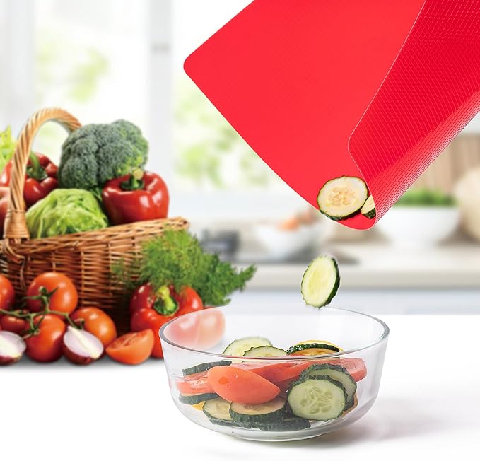 Flexible Cutting Boards with Hanging Hole, Food Icons - BPA Free, Non Slip for Meat & Veggies