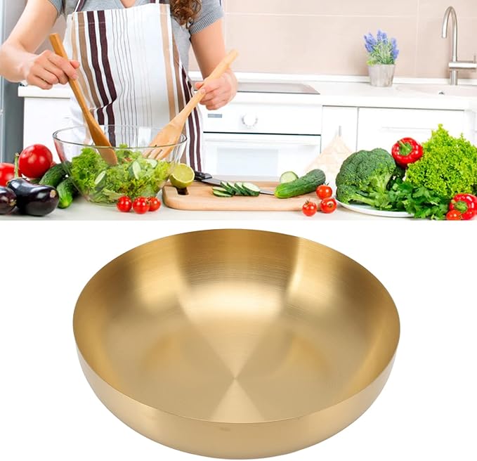 Stainless Steel Mixing Bowl, 9.4 inch Gold Salad Serving Bowls Flat Base Metal Prep Bowl Ramen Noodle Soup Bowls for Baking Serving Mixing and Cooking Prep