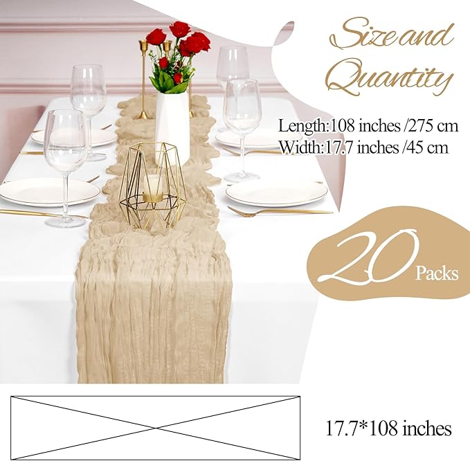 Pesonlook 20 Pack Cheesecloth Table Runner Beige, Rustic Boho Gauze Fabric Table Runner Romantic Table Runner for Wedding, Festival, Birthday, Anniversary, Dinner and Outdoor Events (17.7 x 108 inch)