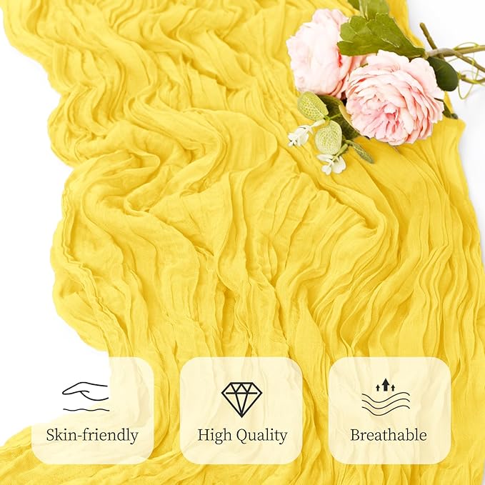 12 Pack Lemon Yellow Cheesecloth Table Runner 17x108 Inch Semi Sheer Boho Gauze Cheese Cloth Fabric Table Runners, for Wedding Party Baby Shower Birthday Home Decor Garden Farmhouse