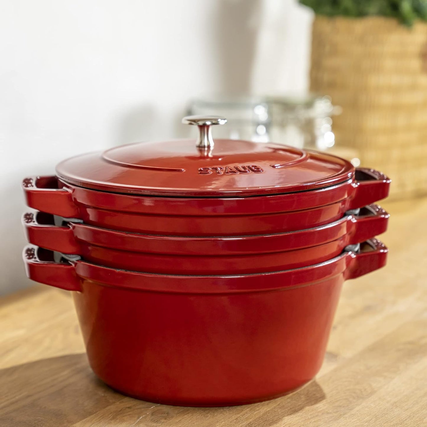 STAUB Cast Iron Set 4-pc, Stackable Space-Saving Cookware Set, Dutch Oven, Skillet, Grill Pan with Universal Lid, Made in France, Cherry
