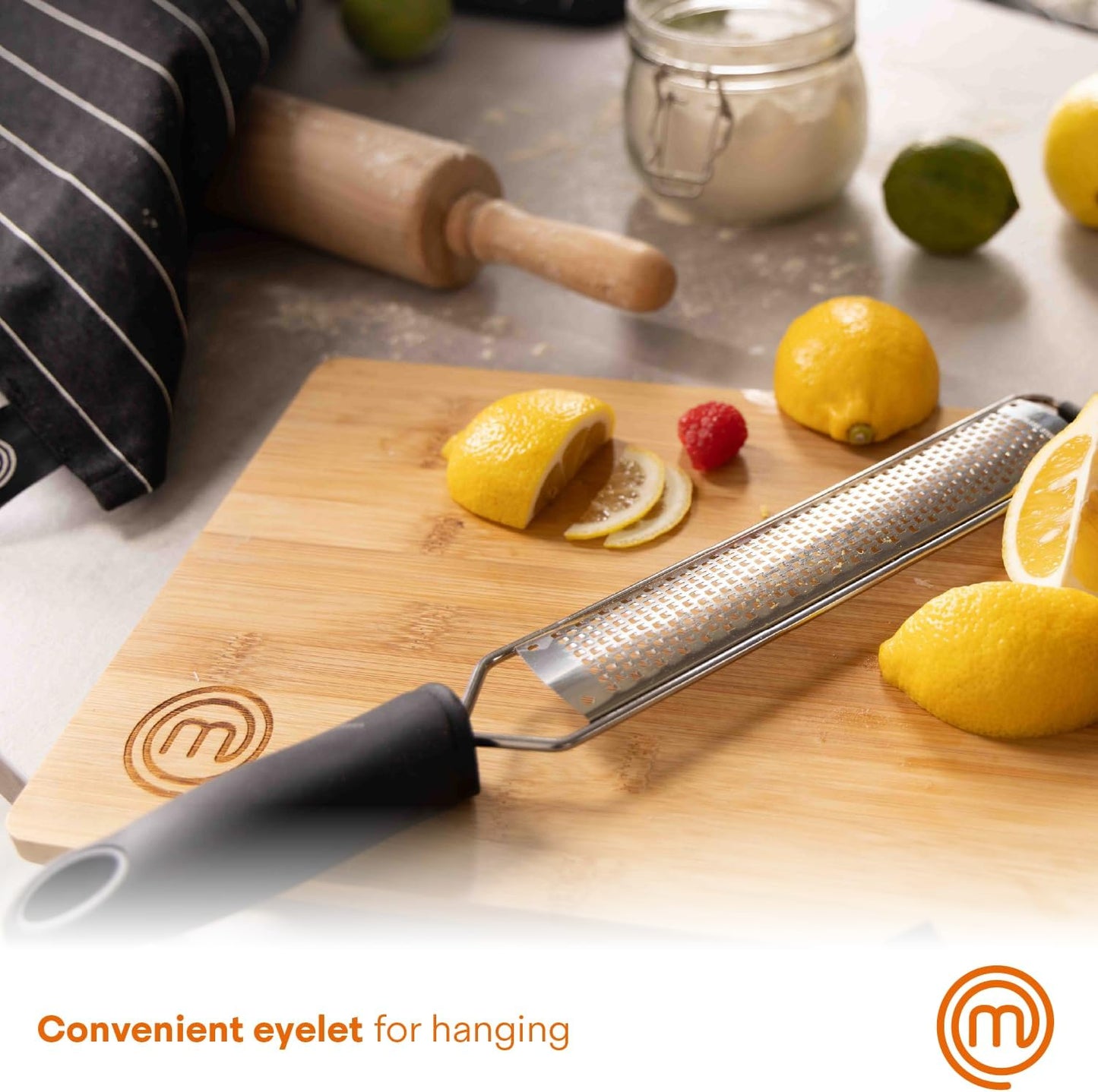 MasterChef Zester Grater with Handle, Kitchen Tool for Zesting Citrus Fruits & Finely Grating Parmesan Cheese, Garlic, Ginger, Coconut, Nutmeg, Wasabi, Chocolate etc, Stainless Steel
