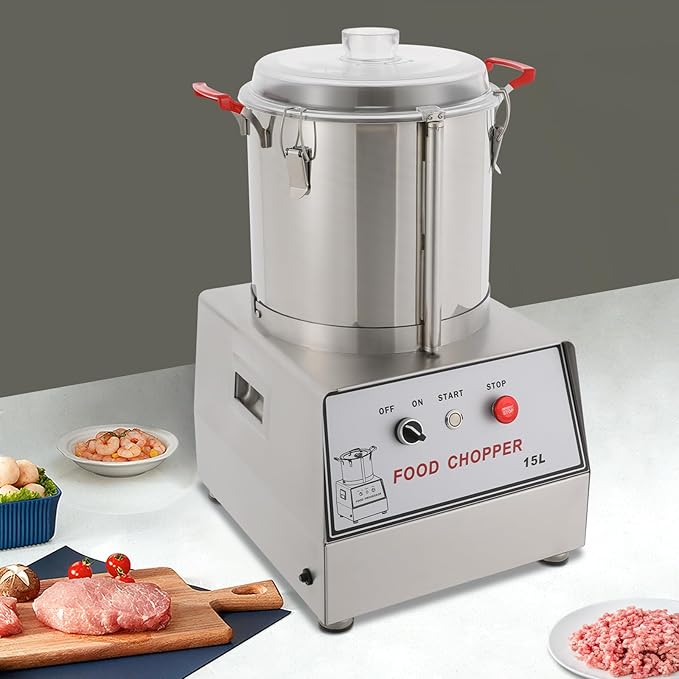 1400W Commercial Food Processor, 15L Stainless Steel Electric Food Chopper Machine, 1400RPM Grinder with Safety Lock & Clear Lid