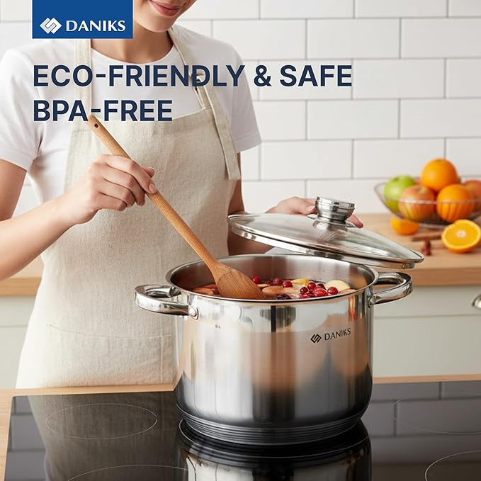 Daniks Standard 10 Quart Stainless Steel Stock Pot with Glass Lid, Try-Ply Bottom for Even Heating, Induction Compatible, Dishwasher Safe, Built-In Measuring Scale, Silver