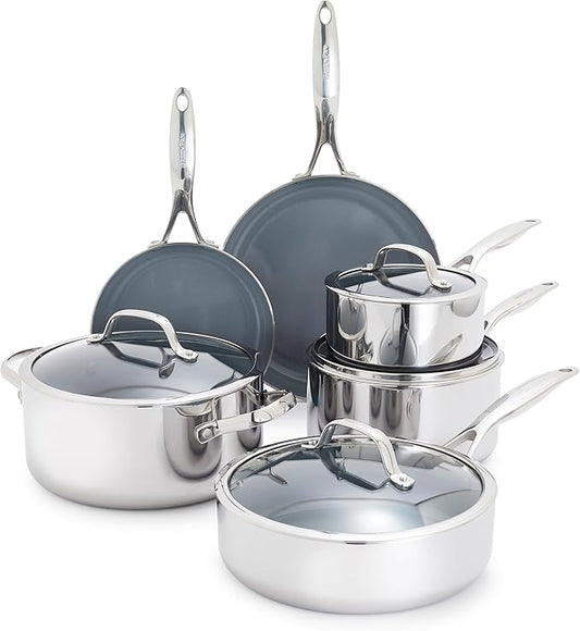 GreenPan Valencia Pro Stainless Steel 10 Piece Cookware Pots and Pans Set, Induction Suitable Mirrored Tri-Ply, Ceramic Nonstick PFAS-Free Coating, Multi Clad, Dishwasher Oven & Broiler Safe