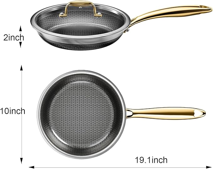 Fogdream 10” Non Stick Frying Pans, Stainless Steel Skillet with Lid, Tri-Ply Stainless Steel for All Cooktops, Dishwasher and Oven-Safe Cooking Pan, Stay-Cool Handle, Gold